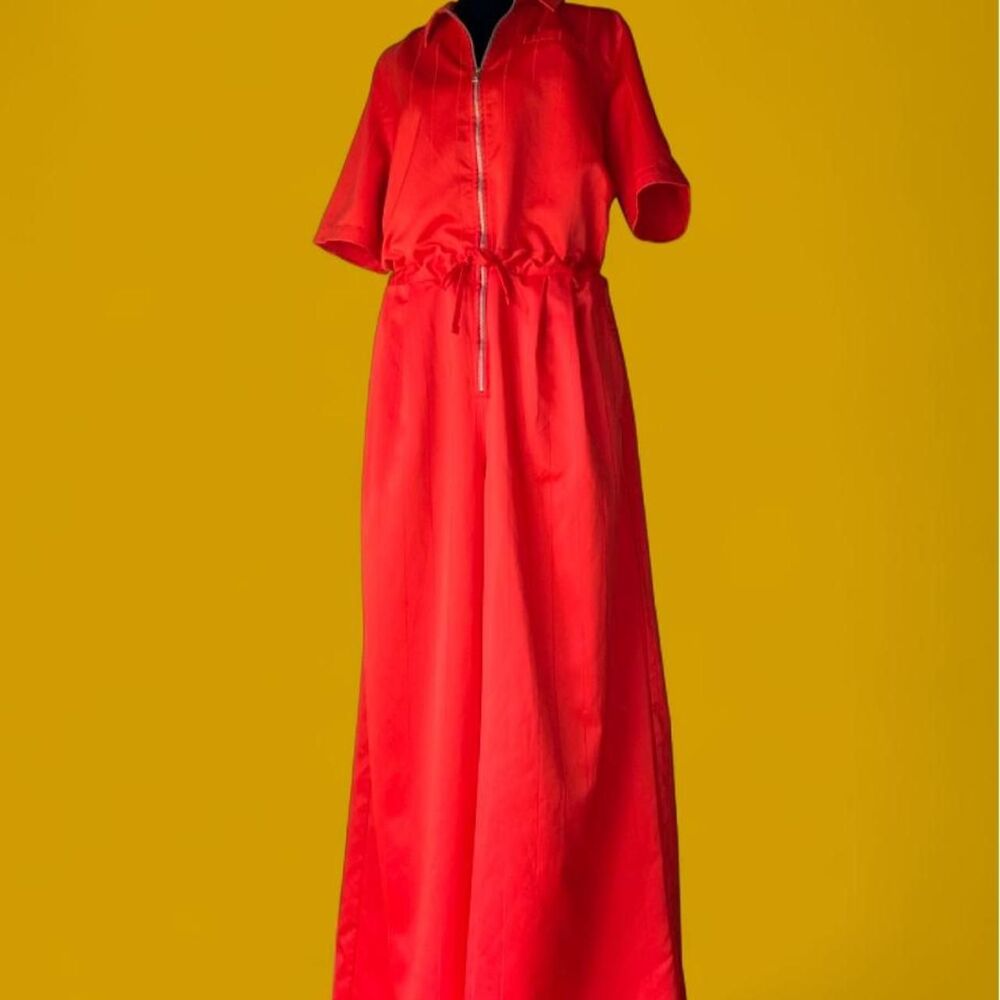 Jordan Wide Leg Utility Jumpsuit Zip Front Drawstring Waist Red Jumpsuit